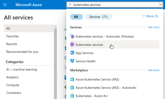 Azure portal interface highlighting the Kubernetes services navigation option.