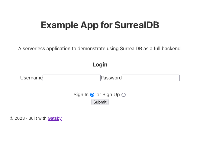 Example application login page Example application login page