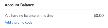 Account balance section of the Billing Info page Account balance section of the Billing Info page